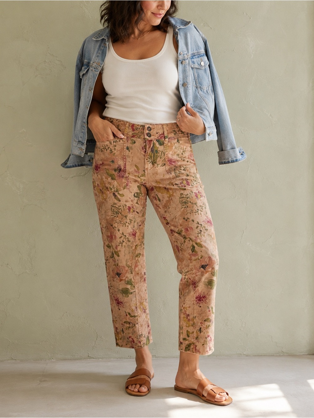 Pilcro The Wanderer Jeans 26 Anthropologie Tan Floral Raw Hem Utility Pants